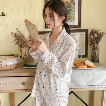Temperament Nov Gumb za Ženske Pižame določi Modni Polka Dot Sleepwear Pižame bo Ustrezala Pomlad Poletje Svile More Pijama Mujer