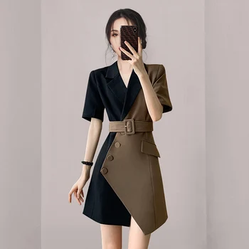 Urad Dama Elegantno Zarezo Ovratnik Mozaik Obleko Korejski Moda Kratek Rokav A-Line Obleko Poletje Priložnostne Slim Mini Obleke