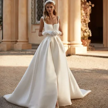 Vintage Kvadratnih Ovratnik Saten Poročno Obleko 2023 Elegantno A-Line Backless Ženske Poročne Obleke Vestidos Noiva Haljo De Mariee