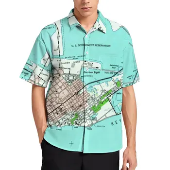 Vintage Zemljevid Tiskanja Hawaiian Rokavi Moški Key West, Florida Priložnostne Majice, Bluze Kratka Sleeved Stilsko Oversize