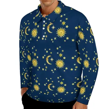 Zlata Zvezda Tiskanja Priložnostne Majice Moške Retro Sun Moon Dolg Rokav Polo Majice Znižuj Ovratnik Ulične Jeseni Majica Plus Velikost