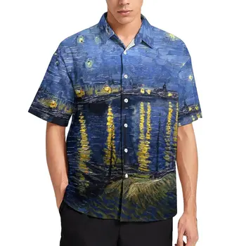 Zvezdnato Noč Nad Rone Počitnice Majica Moški Van Gogh Priložnostne Majice Hawaiian Grafični Bluze Kratek Rokav Smešno Oblačila Darilo