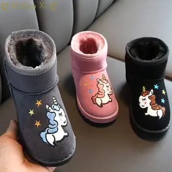 Škornji Za Dekleta Fantje Čevlji 2021 Pozimi Nove Lepe Risanke Samorog Otroci Sneg Škornji Mehko Usnje Plus Žamet Toplo Otroci Čevlji Bombaž