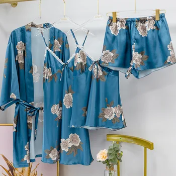 Ženske 4PCS Tiskanja Rajon Kimono Plašč Obleke Pižamo Nastavite Seksi Čipke Trak Top Nightgown Lady kopalni plašč Hlače Sleepwear Pomlad Homewear