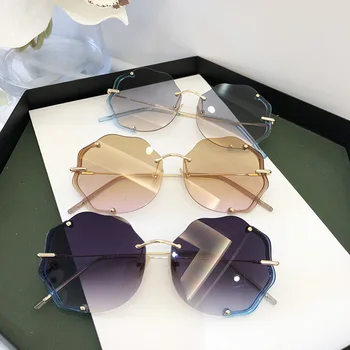 Ženske Cvetlični Rimless sončna Očala Barva Preliva Trend Očala Visoke Kakovosti Prevelik Ovalne sončna Očala Za Ženski Moški Oculos UV400