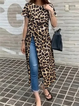 Ženske Elegantne Poletne Cvetlični Leopard Tiskanja Dolgo Obleko Ženski Y2K Kratek Rokav O Vratu Visoko Režejo Obleko