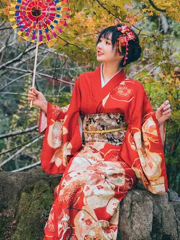 Ženske Tradicionalno Kimono Rdeče Barve Cvjetnim Natisne Japonskem Slogu Poletje Yukata kopalni plašč Cosplay Rabo Fotografije Oblačil